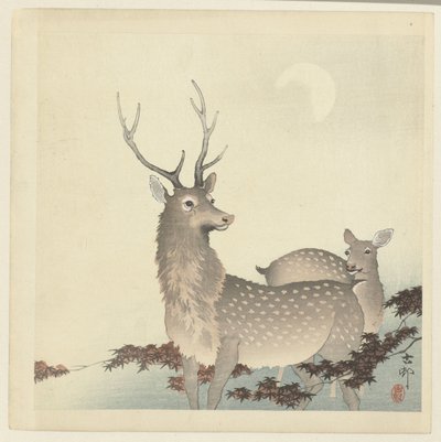 Dwa jelenie autorstwa Ohara Koson