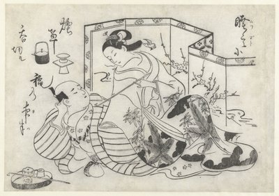 Japoński mężczyzna i kobieta palący przed składanym ekranem autorstwa Okumura Masanobu (attributed to)
