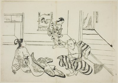 Dziecko Attendant i Łysy Tengu z Góry Kurama (Kaburo Kurama Tengu), nr. 7 z serii 12 grafik przedstawiających parodie sztuk autorstwa Okumura Masanobu