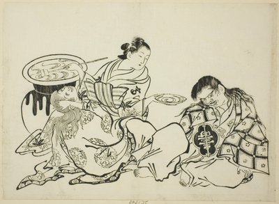 Kurtyzana Plying Shojo z Sake, nr. 4 z serii 12 odbitek autorstwa Okumura Masanobu