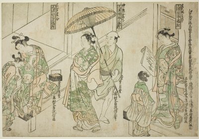Kurtyzany narysowane w stylu Osaka (po prawej), stylu Kioto (w środku) i stylu Edo (po lewej), z „Curtesans of the Three Capitals: A Set of Three (Sanga no tsu keisei sanpukutsui)” autorstwa Okumura Masanobu