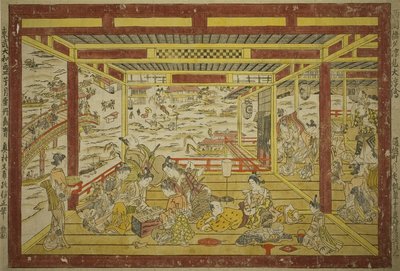Ciesz się wieczornym chłodem w pobliżu mostu Ryogoku autorstwa Okumura Masanobu