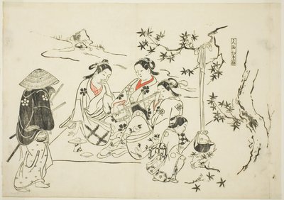 Heating Sake with Maple Leaves (Kanzake momijigari), nr 9 z serii 12 grafik przedstawiających parodie sztuk teatralnych. autorstwa Okumura Masanobu