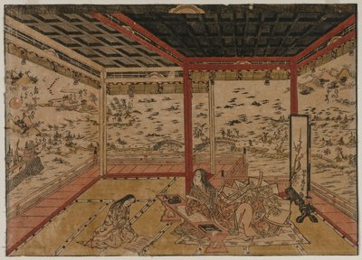 Lady Murasaki w Ishiyama Z widokiem na panoramę z ośmioma widokami na jezioro Biwa autorstwa Okumura Masanobu