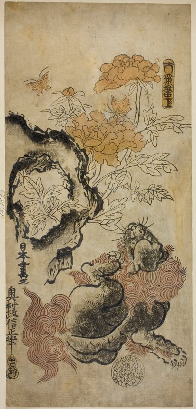 Lew i piwonie autorstwa Okumura Masanobu