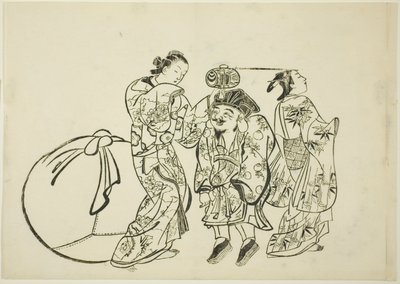 Mierzenie wzrostu Daikoku, nr. 5 z serii 12 odbitek autorstwa Okumura Masanobu