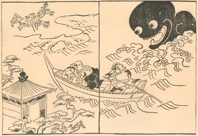 Mężczyźni w łodzi zagrożeni przez morskiego potwora, początek XVIII w., 1924 r. autorstwa Okumura Masanobu