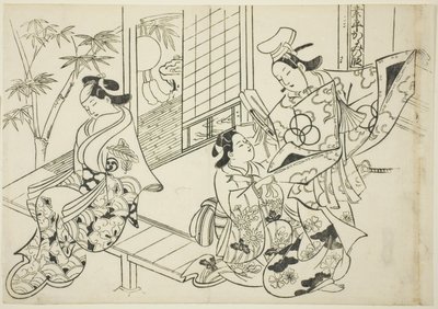 Narihira: Scena lustrzana (Narihira kagami no dan), z serii „Słynne sceny z japońskich sztuk lalkowych (Yamato irotake)” autorstwa Okumura Masanobu