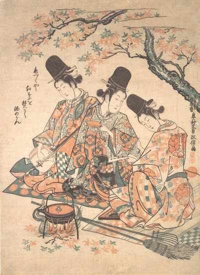 Parodia pałacowych sług rozpalających sake nad ogniem klonowych liści, ca. 1750 r., ok. 1750 r. 1750. autorstwa Okumura Masanobu