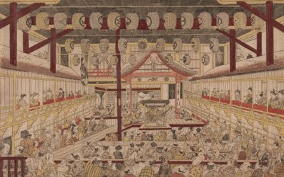 Widok perspektywiczny wnętrza teatru Nakamura z Ichikawą Ebizo II jako Yanone Goro, 1740 autorstwa Okumura Masanobu