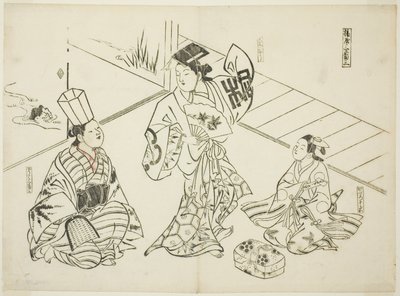 Sanbaso Dance in a Brothel (Ageya sanbaso), nr 1 z serii 12 grafik przedstawiających parodie sztuk teatralnych autorstwa Okumura Masanobu