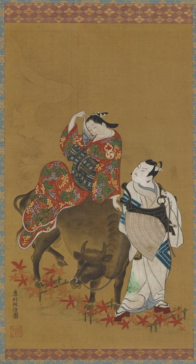 Dwóch aktorów kabuki w rolach kurtyzany na bawołach wodnych i podróżującego księdza, 1686-1764. autorstwa Okumura Masanobu