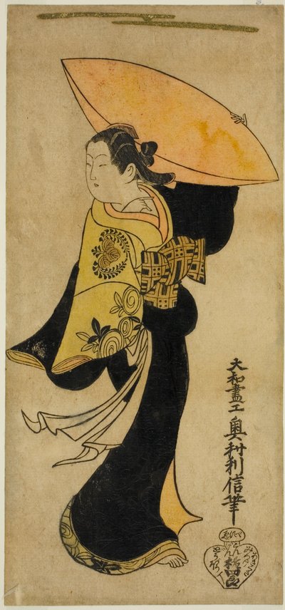 Aktor Fujimura Handayu II jako Nowake no Mae w sztuce „Tategami Teika Kazura” wystąpił w Teatrze Ichimura w jedenastym miesiącu 1719 autorstwa Okumura Toshinobu