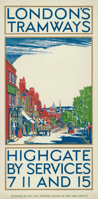 „Highgate by Services 7, 11 i 15”, plakat London County Council LCC Tramways, 1924 autorstwa Oliver Burridge