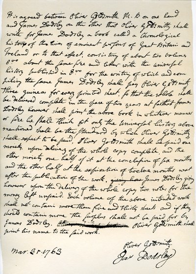 Zgoda Olivera Goldsmitha na pisanie dla Jamesa Dodsleya, 31 marca 1763. autorstwa Oliver Goldsmith