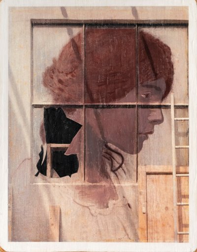 Ritratto su muro, 2021 (mieszane media na drewnie) autorstwa Olivia Gozzano