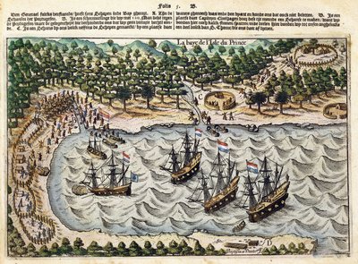 Widok holenderskiego statku w porcie, ok. 1598-1602 autorstwa Olivier van Noort