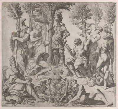 Kompozycja alegoryczna z sześcioma bogami olimpijskimi skupionymi wokół postaci w zbroi, 1615-35., 1615-35. autorstwa Oliviero Gatti