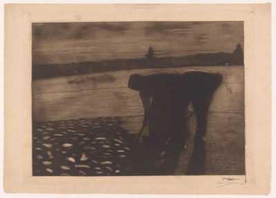 Mężczyzna i kobieta pracują w nocy na dnie rzeki autorstwa Omer Coppens (signed by artist)