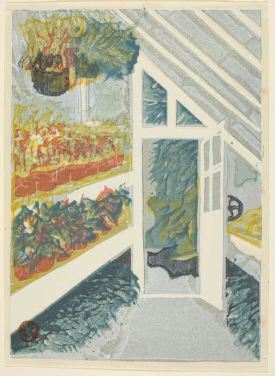 Szklarnia, z serii „Grafiki Ogrodu Cesarskiego Shinjuku (Shinjuku Gyoen hanga)”. autorstwa Onchi Kôshirô