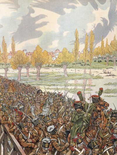 Napoleon przechodzący przez most w Elster ze swoją armią ze złowrogim niebem autorstwa Onfray de Breville Job