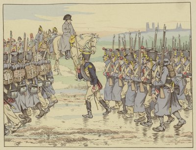 Napoleon patrzący na ostatni kontyngent armii w kampanii francuskiej maszeruje w pobliżu Reims, 16 marca 1814 autorstwa Onfray de Breville Job