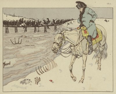Napoleon oglądający szczątki swojego wielkiego oręża przemierzającego rzekę Berezynę podczas odwrotu z Moskwy, 1812 r. autorstwa Onfray de Breville Job