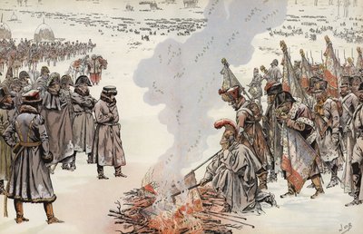 Kampania rosyjska Napoleona, palenie sztandarów, 23 listopada 1812 r. autorstwa Onfray de Breville Job