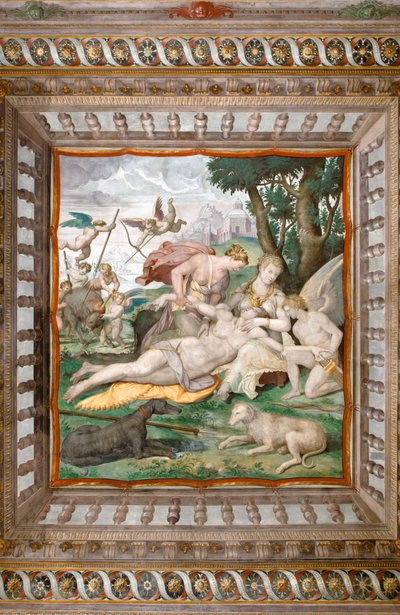 Śmierć Adonisa z sufitu Pokoju Adonisa, Rocca dei Rossi, San Secondo, Parma, Włochy, fragment 2384731 autorstwa Orazio (attr.to) Samacchini