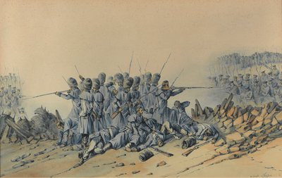 Last Stand of the Guards at Sandbag Redout (akwarela na papierze) autorstwa Orlando Norie