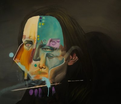 Portret liliowej nocy, 2021-23 (olej i farba w sprayu na płótnie) autorstwa Oscar Nin