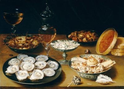 Dania z ostrygami, owocami i winem, ok. 1620-25 (olej na panelu) autorstwa Osias the Elder Beert