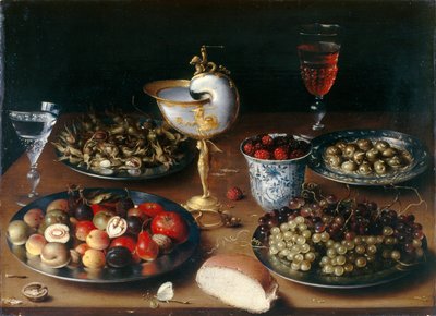 Martwa natura z pucharem nautilusa, owocami, orzechami i winem, ok. 1610 (olej na płycie dębowej) autorstwa Osias the Elder Beert