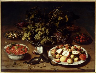 Martwa natura owoców z małpą i motylami. Obraz Osiasa I Beerta (1570-1624) Ec. Bujda. autorstwa Osias the Elder Beert