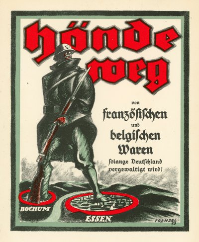Niemiecki plakat propagandowy przeciwstawiający się okupacji Zagłębia Ruhry przez wojska francuskie i belgijskie po I wojnie światowej autorstwa Oskar Frenzel