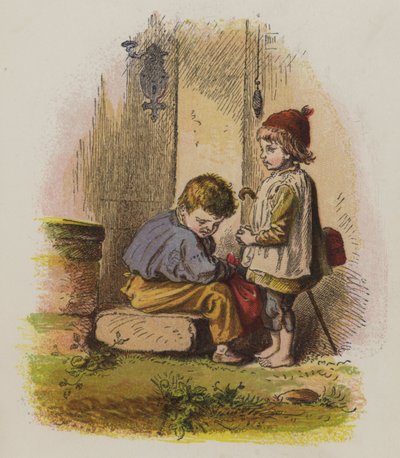 Dwóch chłopców na progu domu (kolor lito) autorstwa Oskar Pletsch