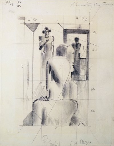 Figury w pokoju, Oskar Schlemmer (1888-1943), ołówek na papierze. Niemcy, XX wiek. autorstwa Oskar Schlemmer