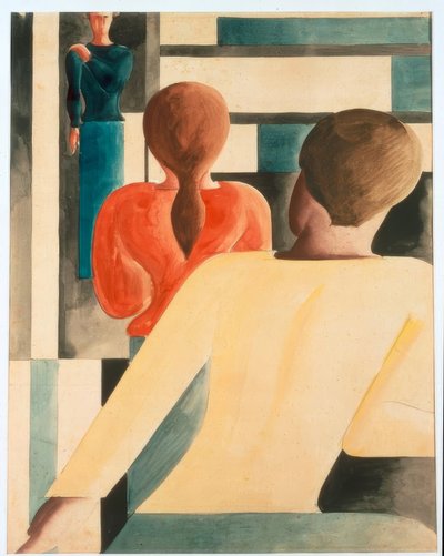Wnętrze w kolorze niebieskim, żółtym i czerwonym autorstwa Oskar Schlemmer