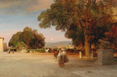 Francuski: Promeneurs sur la terrasse de la Villa Grazioli à Grottaferrata Scena o zmierzchu na tarasie Villa Grazioli w Grottaferrata autorstwa Oswald Achenbach