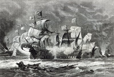 The Vanguard, pod dowództwem Sir Williama Wintera, walczący z hiszpańską Armadą, z „Godziny wypoczynku”, 1888 r. autorstwa Oswald Walters Brierly