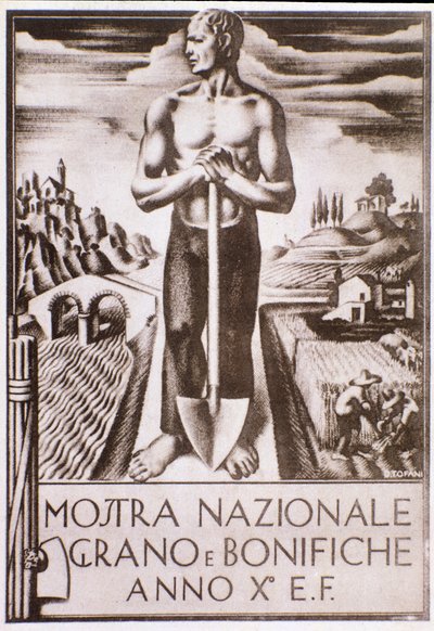 Faszystowski plakat propagandowy do kampanii zbożowej i melioracyjnej autorstwa Oswaldo (after) Tofani