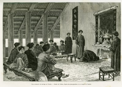 Ceremonia ślubna w Tonkin. Grawerowanie autorstwa Tofaniego, aby zilustrować historię Trente mois au Tonkin, w 1884 r., autorstwa dr Paula Hocquarda, in le tour du monde 1890, pod kierunkiem Edouarda Chartona (1807-1890), Hachette, Paryż. autorstwa Oswaldo Tofani