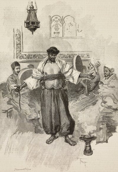 Taniec Aissawa, marokańskie bractwo religijne, na Wystawie Powszechnej 1889, Paryż, Francja, rycina E Mancastroppa z rysunku Osvaldo Tofaniego z L