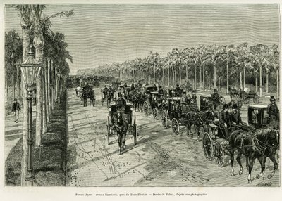 Buenos Aires, Aleja Sarmiento, Park Trzech Lut. Grawerowanie Tofaniego, aby zilustrować opowiadanie Voyage a la Plata, w 1886, autorstwa Emile Daireaux, in le tour du monde 1888, w reżyserii Edouarda Chartona (1807-1890), Hachette, Paryż. autorstwa Oswaldo Tofani