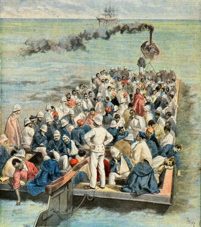 Zaokrętowanie na statku-szpitalu rannych z wyprawy na Madagaskar w 1896 r. (Rycina) autorstwa Oswaldo Tofani