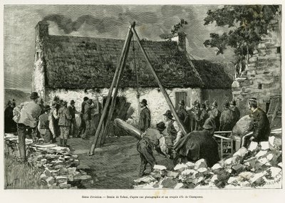 Scena eksmisji. Grawerowanie autorstwa Tofaniego, aby zilustrować historię Trzy miesiące w Irlandii, w 1889, autorstwa Marie Anne de Bovet, in le tour du monde 1890, reżyseria Edouard Charton (1807-1890), Hachette, Paryż. autorstwa Oswaldo Tofani
