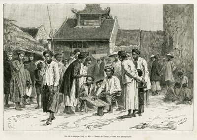 Gra w sapeque. Grawerowanie autorstwa Tofaniego, aby zilustrować historię Trente mois au Tonkin, w 1884 r., autorstwa dr Paula Hocquarda, in le tour du monde 1890, pod kierunkiem Edouarda Chartona (1807-1890), Hachette, Paryż. autorstwa Oswaldo Tofani