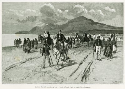 Wyspiarze udają się na mszę. Grawerowanie Tofaniego, aby zilustrować historię Trois mois en Irlande, w 1889, Marie anne de Bovet, in le tour du monde 1890, reżyseria Edouard Charton (1807-1890), Hachette, Paryż. autorstwa Oswaldo Tofani
