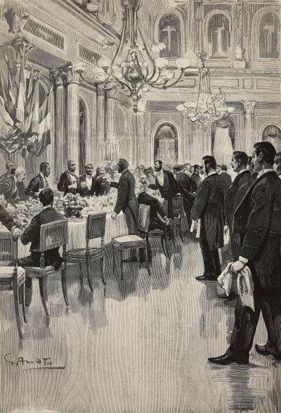 Włoscy dyplomaci wspólnie wznoszący toast, Paryż, Francja, rycina z rysunku Gennaro Amato, ze szkicu Osvaldo Tofaniego, z L