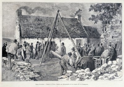 Mężczyźni biegnący przez drzwi przy pomocy brzuszka, aby wyrzucić mieszkańca z mieszkania. Rysunek Tofaniego ze szkicu O. de Champeaux (XIX w.). autorstwa Oswaldo Tofani
